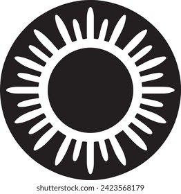 Diese Vektorgrafik zeigt ein kühnes, schwarzes Sonnensymbol mit strahlenden Balken, das auf einem dunkelweißen Hintergrund steht und die Helligkeit und die essenzielle Energie der Sonne darstellt. 