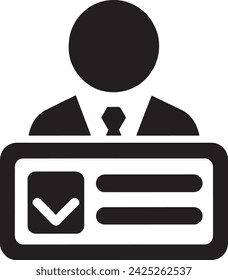 This vector depicts a bold, black icon of a professional figure with a tie, superimposed over a badge featuring a checkmark.