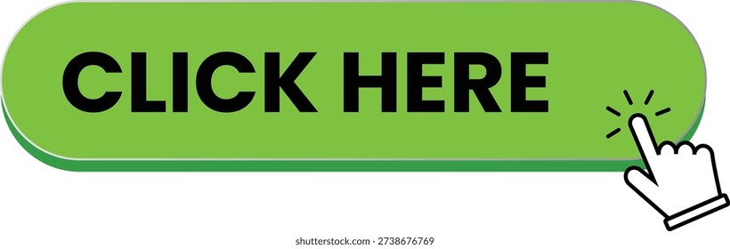 This vector depicts a bright green button with a hand cursor clicking on it, symbolizing a call to action in a digital context. The button is designed to draw attention and encourage user interaction, making it a common element in web design and online communication. The vector can be used to represent online actions, digital interfaces, and user experiences.