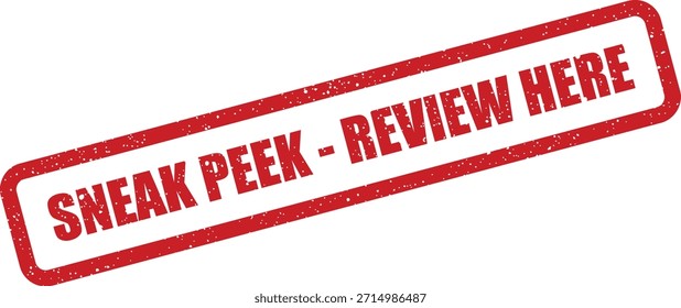 Dieser Vektor zeigt einen bedrückten roten Gummistempel mit dem Text "SNEAK PEEK REVIEW HERE", ideal für die Aufforderung von Benutzerbewertungen oder internem Projektfeedback. Es ist ein klares visuelles Signal für die Bewertung.