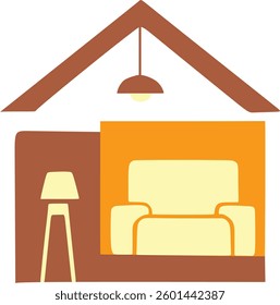 This vector depicts the interior of a house in a minimalist style and warm colors