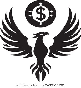 This vector depicts a majestic phoenix rising with widespread wings, framed by a dollar symbol encircled by stars, and flanked by stacks of coins.