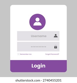 This vector depicts a modern login page with a simple and clean design, featuring a purple and white color scheme. The page includes fields for username and password, as well as options to remember the user and recover a forgotten password. The design is sleek and minimalistic, making it easy to use and navigate. The vector is relevant to topics such as user authentication, online security, and digital design.