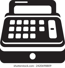 This vector depicts a stylized cash register, a critical piece of equipment in retail and commerce, shown in a high-contrast black and white design.