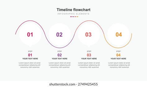 This vector depicts a timeline flowchart infographic with four steps, each marked by a number and a placeholder for text. The flowchart is designed with a colorful, wavy line that connects the steps, creating a sense of continuity and flow. The background is white, providing a clean and neutral space for the infographic elements. The vector is suitable for use in presentations, reports, or educational materials, and can be customized with specific text and information to illustrate a process or concept.