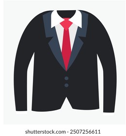 Este es un diseño de Vector de un traje de hombre negro, acompañado de una corbata roja, una camisa blanca y dos cierres de Botón