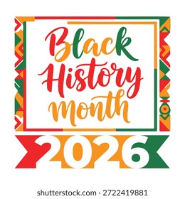 Este design vetorial comemora o Mês da História do Negro Americano de 2026 com cores arrojadas e padrões de inspiração africana. A composição destaca temas de cultura, patrimônio e unidade dentro da comunidade. É um gráfico ideal para materiais promocionais, posts em mídias sociais ou conteúdo educacional.
