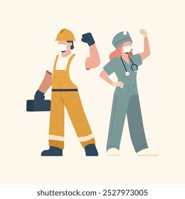 This vector design depicts the essential connection between doctors and laborers in bridging health and hard work. Ideal for healthcare and labor advocacy, it emphasizes collaboration and community