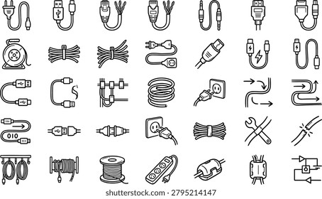 This vector design displays a comprehensive collection of electronic connectivity cables, data transfer cords, and electrical wire management accessories rendered in a clean, minimalist black and white line art style. The organized grid layout showcases vital hardware and maintenance assets, including USB Type-C cords, ethernet network lines, auxiliary audio jacks, HDMI cables, multi-outlet power strips, industrial extension reels, and wall plugs. Additionally, the set illustrates functional storage and repair concepts such as cable ties, organized routing tracks, wire spools, ferrite core filters, wrench tools, and broken cord symbols. These versatile, professional line graphics are perfectly optimized for commercial applications such as consumer electronics e-commerce platforms, networking hardware web layouts, electrical service UI UX interfaces, and IT accessory marketing materials.