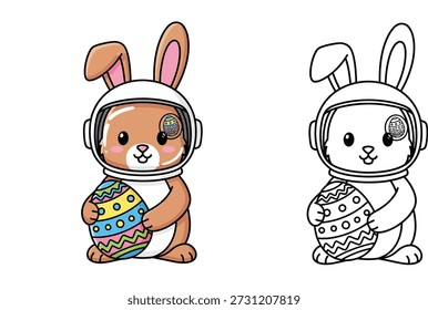 Dieses Vektordesign zeigt eine bezaubernde Kaninchenfigur, die als Astronaut gekleidet ist und ein dekoriertes Osterei hält. Es umfasst zwei Varianten: eine farbige Version und eine schwarz-weiße Umrissversion, sodass es perfekt für Kinder Malbücher, Feiertagsgrußkarten oder Raum-Themen Osterprojekte.