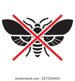 This vector design features a detailed illustration of a food moth, prominently displayed with a red prohibition symbol overlay. The moth is depicted in black with intricate wings and body, while the 