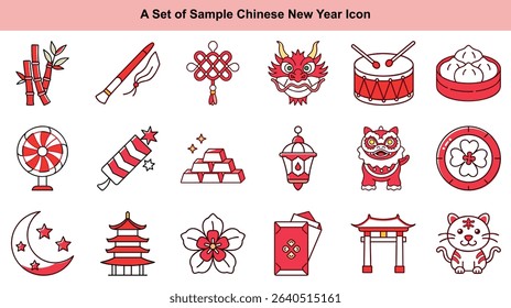 This vector design features icons showcasing traditional Chinese New Year elements. With a palette of red and white, the symbols represent good fortune and festive cheer during the holiday.