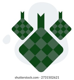 This vector design features a ketupat illustration in a modern, minimalist style. Three ketupats are arranged in a balanced manner, with one larger main ketupat in the center and two smaller ones on the left and right sides. The ketupat's distinctive woven pattern is visualized in neat geometric squares, creating a clean and structured impression.