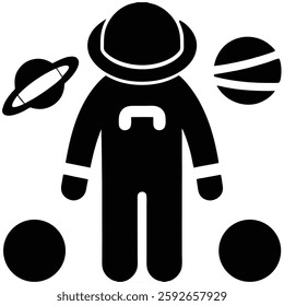 This vector design features a minimalist astronaut icon surrounded by planets in space. It captures the essence of space exploration with a sleek, modern design.