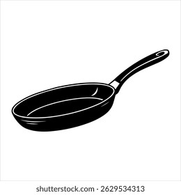 This vector design features a single, striking silhouette of a frying pan. The silhouette style is clean and minimalist, perfect for various culinary-themed projects.