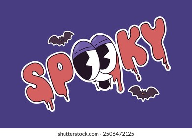 This vector design features the word "SPOOKY" accompanied by bat and eye illustrations. It is suitable for use on stickers, pins, clothing, and children's accessories.