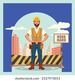 This vector design highlights a dedicated construction worker making strides in building progress. Ideal for construction, architecture, and engineering projects, it represents hard work 