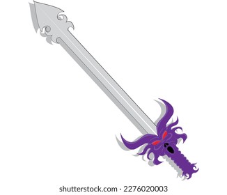 This is a vector design of a purple double-edged sword with a hilt shaped like the head of a multi-horned monster with two red eyes and a sword tip in the shape of a symbol