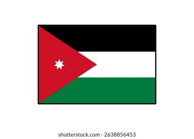 This vector design showcases the flag of Jordan featuring three horizontal stripes of black, white, and green, with a red triangle and a white seven-pointed star on the left side.