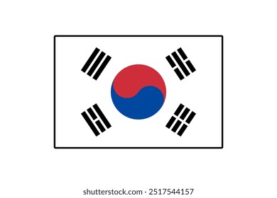 Este diseño de Vector muestra la bandera nacional de Corea del Sur, que simboliza la unidad con su distintivo símbolo yin-yang rojo y azul y trigramas negros, sobre un fondo blanco.