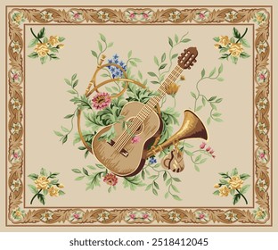 Este design vetorial apresenta um tema musical vintage com uma guitarra e um chifre, lindamente entrelaçados com motivos florais. Perfeito para padrões têxteis elegantes, projetos de tapete, ou deco papel de parede clássico