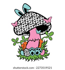 This is a vector digital file of a mushroom with a fun leopard print design and a cute Easter bunny. The file is high-quality and scalable, with vibrant colours making it perfect for various projects.