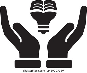 This vector displays hands carefully holding a light bulb from which a book emerges. It signifies nurturing, enlightenment, education, and the spread of ideas and knowledge.