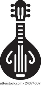 This vector displays a minimalist black and white silhouette of a traditional mandolin, highlighting the instrument's distinctive body shape and strings. 