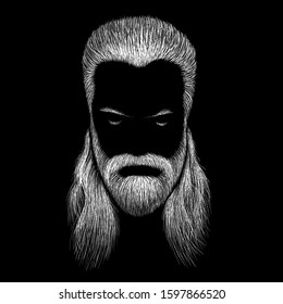 This is a vector drawing of a man with white or gray long hair for a barbershop background. He has a mustache and a beard. This is a strong warrior.