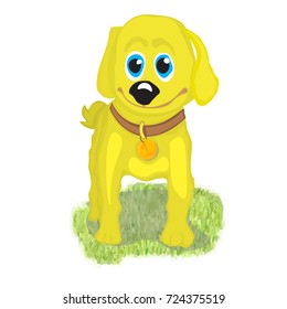 This is a vector drawing on which symbol of the new year is a yellow dog and it stands.