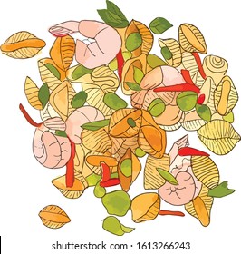 This is vector drawing of pasta with shrimps and vegetables