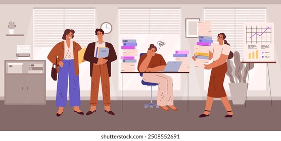 This vector drawing shows a busy work scene. A woman and a man are happy and stressed because of tight deadlines and paperwork on the background of the office.