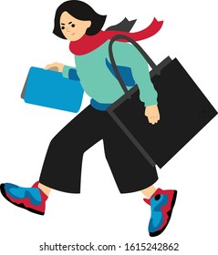 This is vector drawing of a sudent girl who is in a hurry