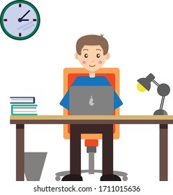 este vector dibujado es una oficina de negocios con una persona, una mesa, un reloj de pared... está en formato EPS10.