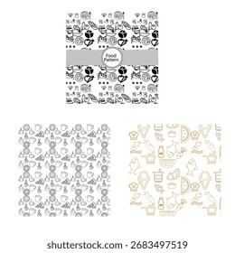 This vector EPS file features a collection of seamless hand-drawn food and drink doodle patterns, perfect for restaurant branding, cafe menus, packaging, textile prints, and digital designs.