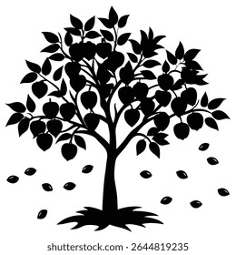 This vector features a black silhouette of an apple tree heavily laden with fruit, complemented by falling leaves, all set against a transparent backdrop.