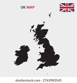 This vector features a black silhouette map of the United Kingdom, including England, Scotland, Wales, and Northern Ireland, set against a white background. The UK flag is prominently displayed in the top-right corner, while 'UK MAP' text is shown in the top-left corner. The map provides a clear visual representation of the country's geography and borders. The simple yet effective design makes it suitable for various uses, such as educational materials, presentations, or website graphics.