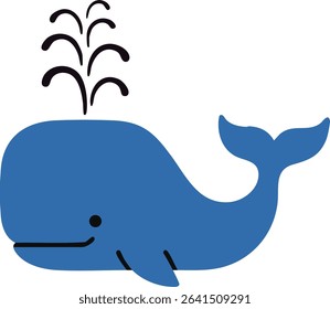 This vector features a blue whale cartoon with a water splash coming from its blowhole, smiling and swimming in a minimalist style, creating a cheerful and friendly mood.