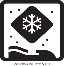 Este vector presenta un icono en negrita, en blanco y negro de una señal de tráfico que indica las condiciones de nieve.