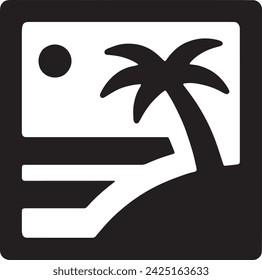 This vector features a bold, graphic silhouette of a tropical scene, where a palm tree leans over a serene beachscape under the glow of a distant sun. 