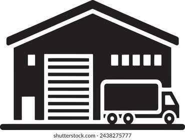 This vector features a bold and straightforward icon depicting a warehouse with a delivery truck parked at its side.