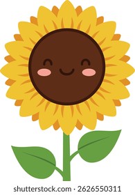 Este vetor apresenta um girassol brilhante com um rosto sorridente e duas folhas verdes, apresentadas em um estilo alegre com pétalas amarelas vibrantes e um centro marrom escuro. Humor brincalhão e feliz.