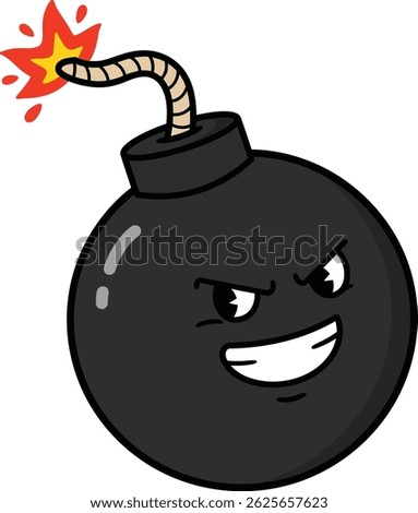 This vector features a cartoon black bomb with a lit fuse and an angry, mischievous expression. The simple style and bold colors create an energetic and playful mood.