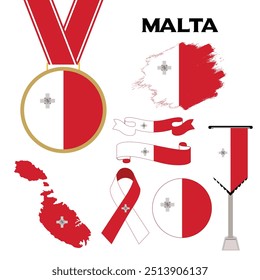 Este Vector presenta una colección de símbolos nacionales malteses, incluida la bandera en varias formas, un mapa y una medalla. Es perfecto para materiales educativos, exhibiciones patrióticas o promoción de Malta.