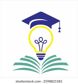 This vector features a combination of education and creativity elements. There is a yellow light bulb icon that symbolizes ideas and innovation