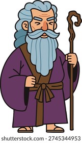 This vector features an elderly wizard with a long blue beard and wooden staff wearing a purple robe, standing confidently. The cartoon style creates a mystical and wise atmosphere.