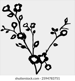 This vector features a flower illustration in the form of a black silhouette with two branching branches. Each branch is decorated with small blooming flowers, accompanied by tiny leaves around it.