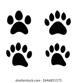This vector features four black paw print icons against a white background, suitable for various applications like pet care designs and wildlife projects.