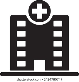 This vector features a minimalist black and white icon representing a hospital building. 
