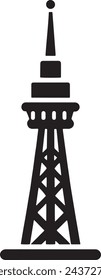 This vector features a minimalist black and white silhouette of a radio tower, characterized by its distinctive triangular framework and tiered levels. 